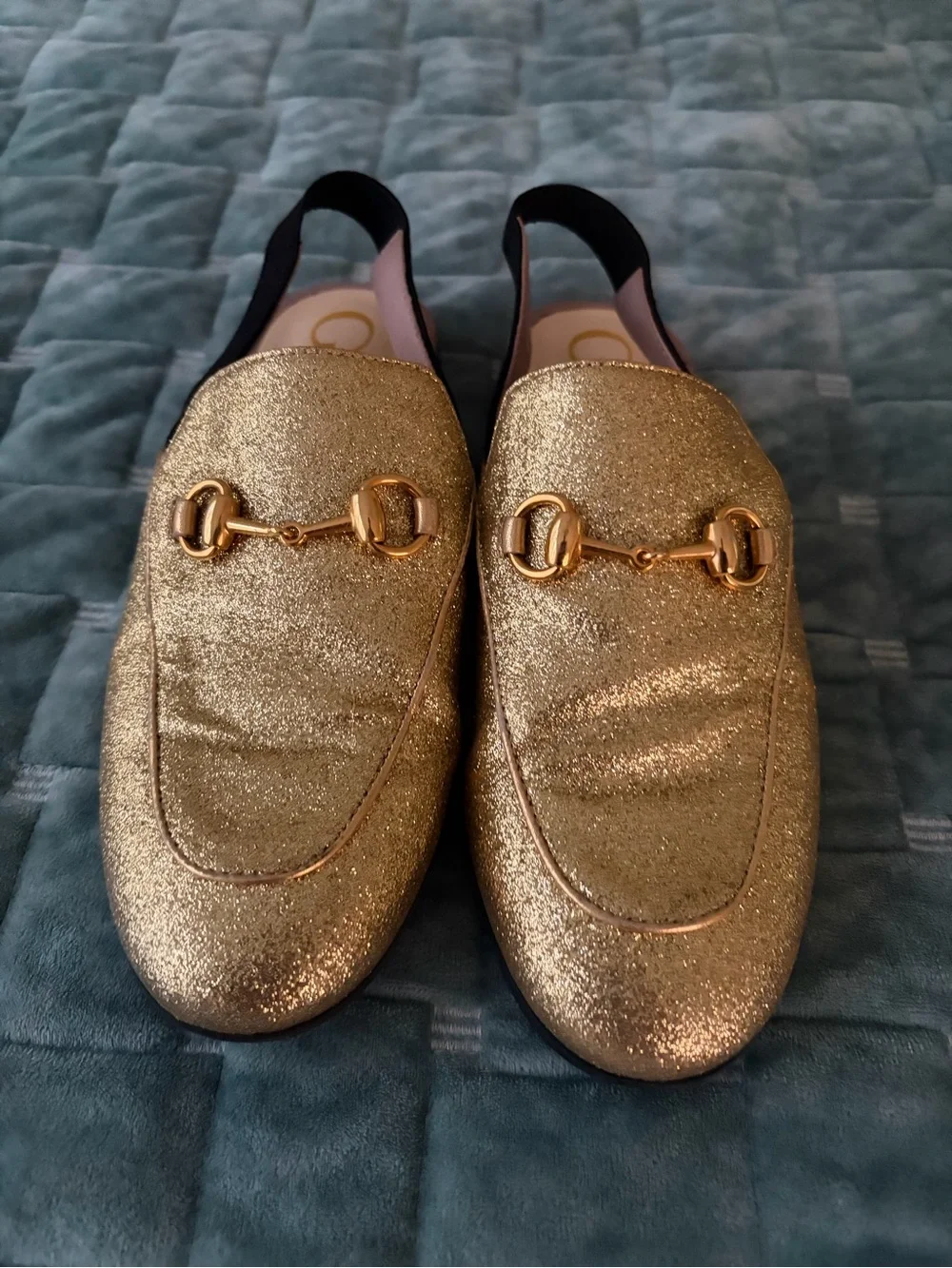 Gucci Kids Princetown Gold Glitter Horsebit Slingback Loafers EU 33 / US 2